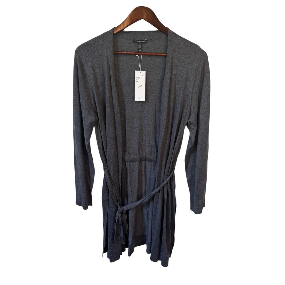 EILEEN FISHER NWT Belted Simple Cardi Sweater Ash Grey Cotton Silk Blend Cozy - Picture 2 of 8